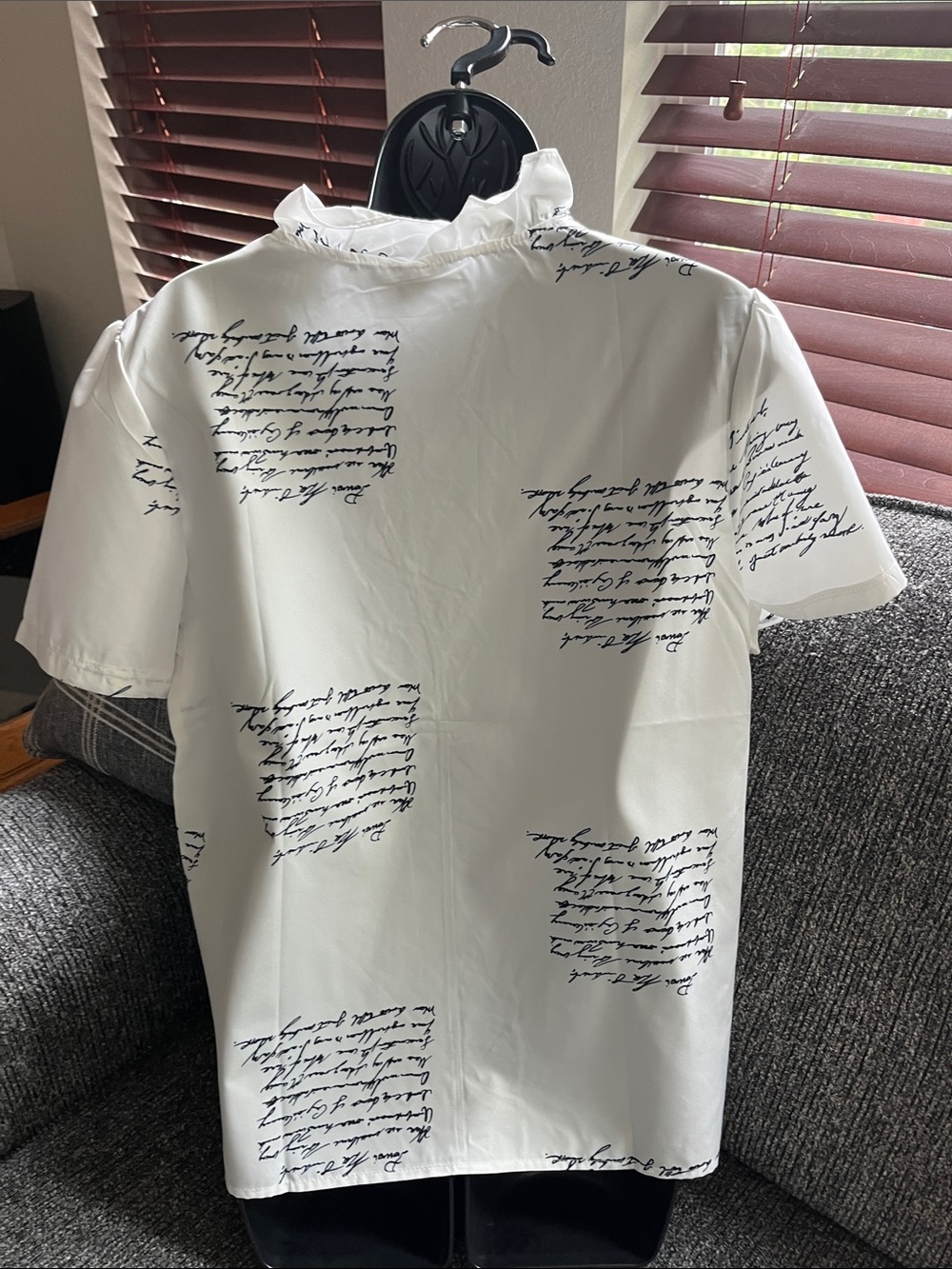 White Ruffle Front Script silky Print Blouse. - Picture 2 of 4